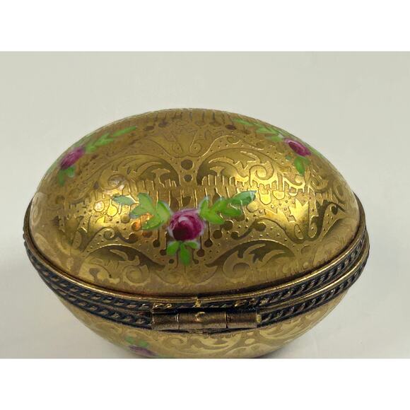 Limoges France Incrustation Trinket Box Hand Painted Roses Raised Gold Oval - Picture 7 of 15